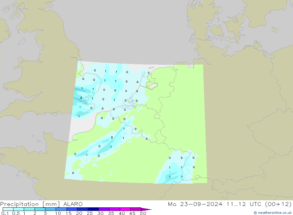 Precipitation ALARO Mo 23.09.2024 12 UTC