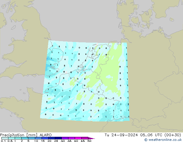 Srážky ALARO Út 24.09.2024 06 UTC