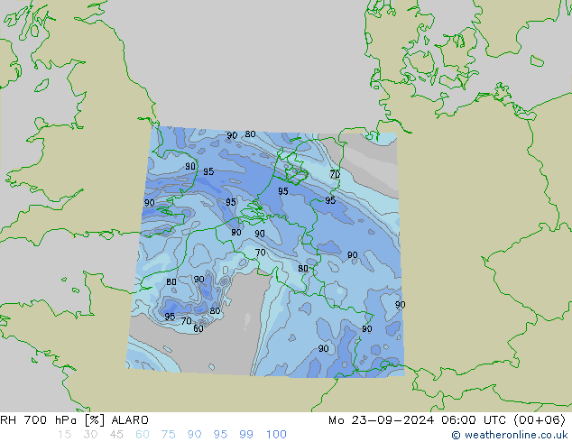 RH 700 hPa ALARO Po 23.09.2024 06 UTC