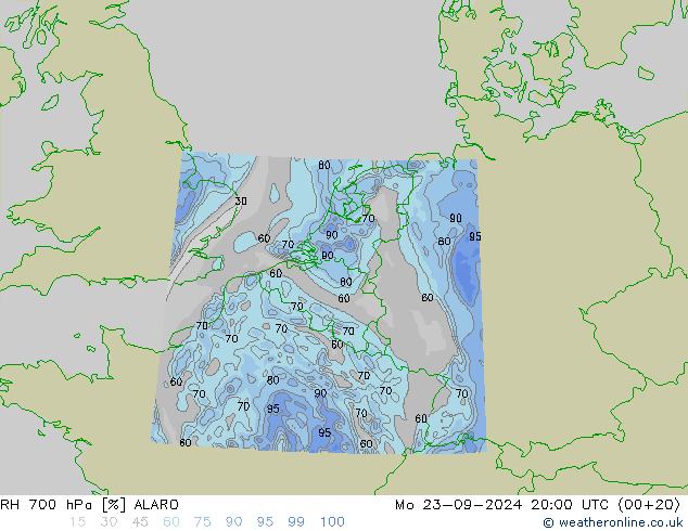 RH 700 hPa ALARO Mo 23.09.2024 20 UTC