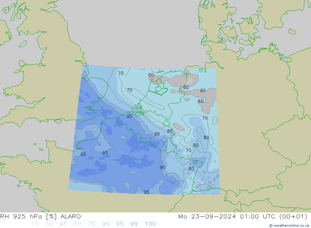 RH 925 hPa ALARO 星期一 23.09.2024 01 UTC