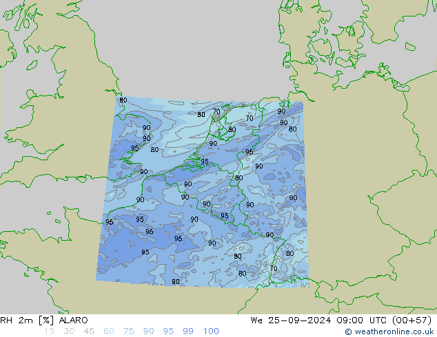 RH 2m ALARO We 25.09.2024 09 UTC