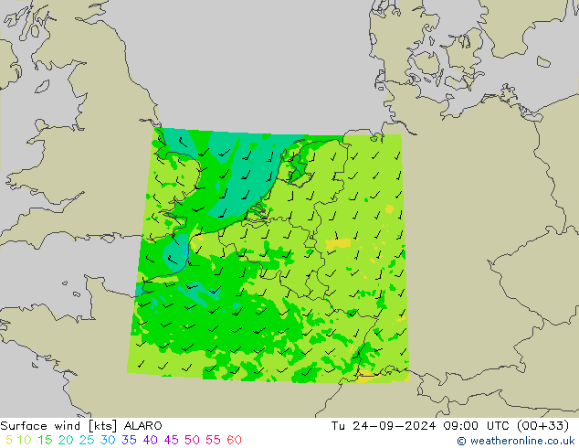 Rüzgar 10 m ALARO Sa 24.09.2024 09 UTC