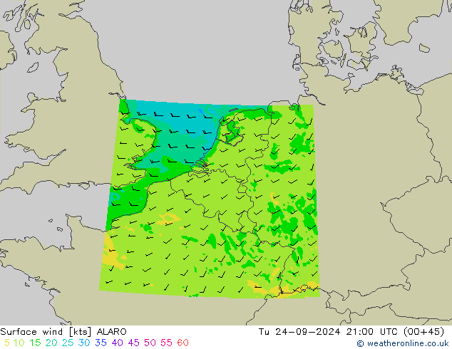 Wind 10 m ALARO di 24.09.2024 21 UTC