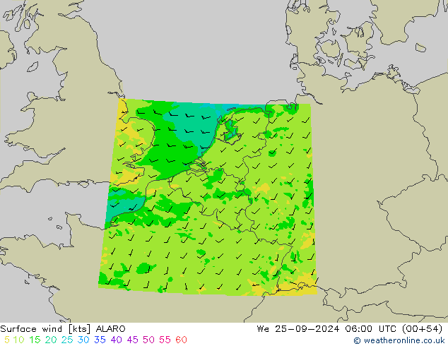 Surface wind ALARO We 25.09.2024 06 UTC