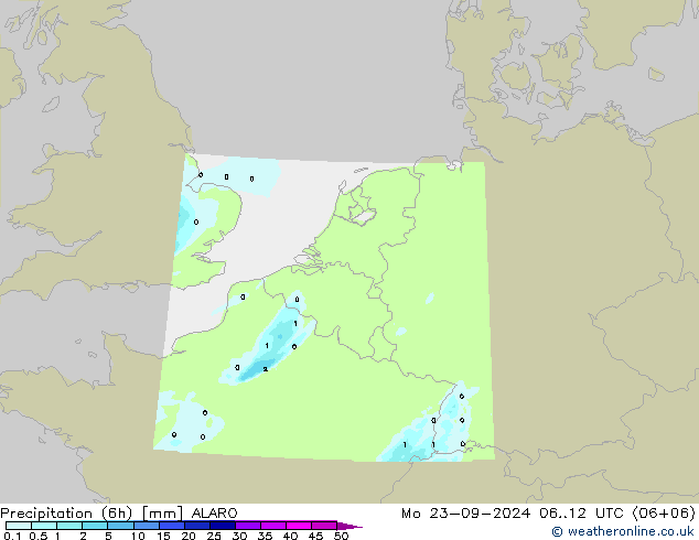 Precipitación (6h) ALARO lun 23.09.2024 12 UTC