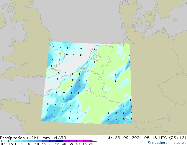 Precipitation (12h) ALARO Mo 23.09.2024 18 UTC