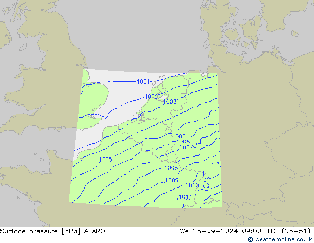 Pressione al suolo ALARO mer 25.09.2024 09 UTC