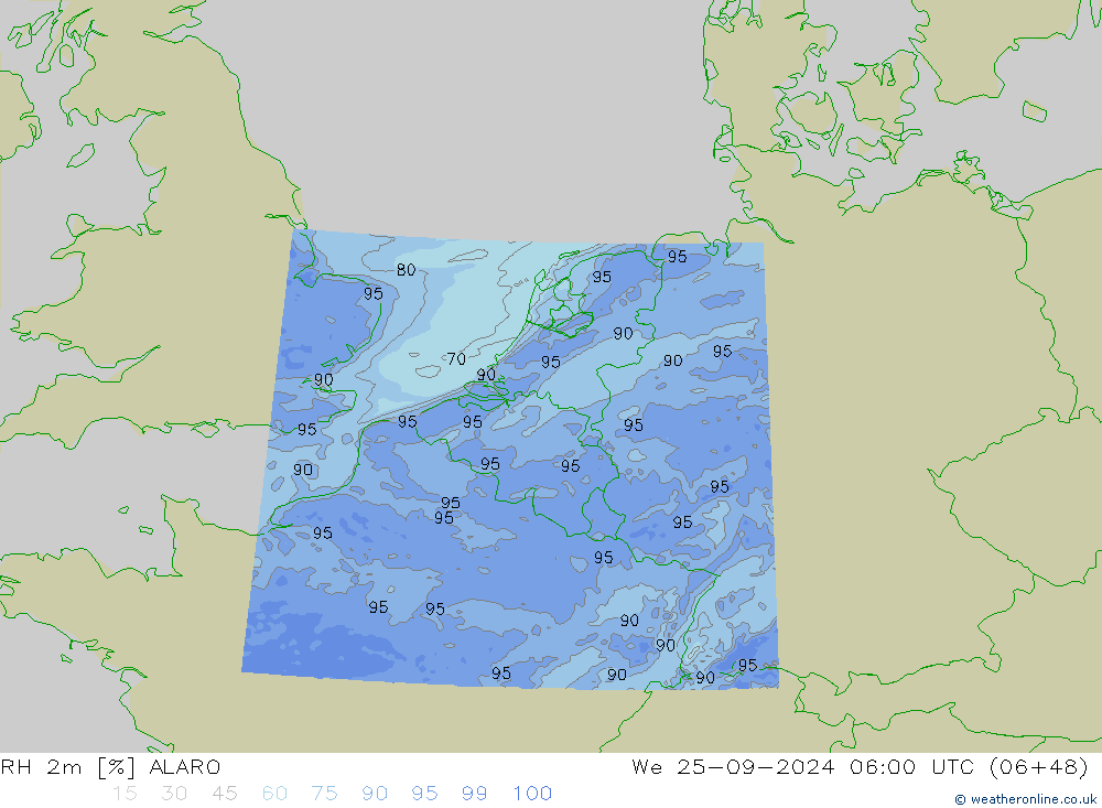 RH 2m ALARO Mi 25.09.2024 06 UTC