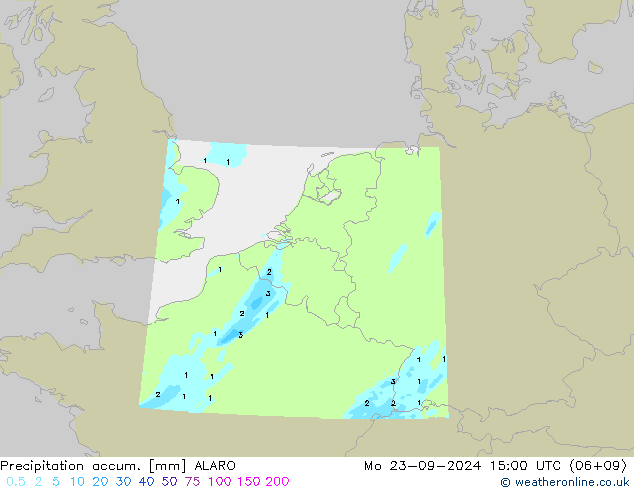 Precipitation accum. ALARO пн 23.09.2024 15 UTC