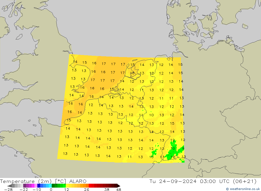 Temperatuurkaart (2m) ALARO di 24.09.2024 03 UTC