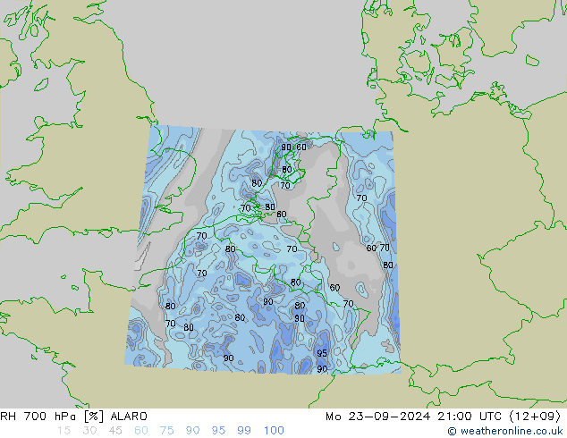 RH 700 hPa ALARO Mo 23.09.2024 21 UTC