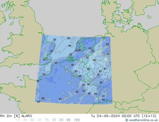 Humidité rel. 2m ALARO mar 24.09.2024 00 UTC