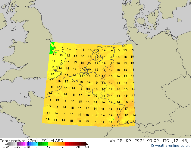 température (2m) ALARO mer 25.09.2024 09 UTC