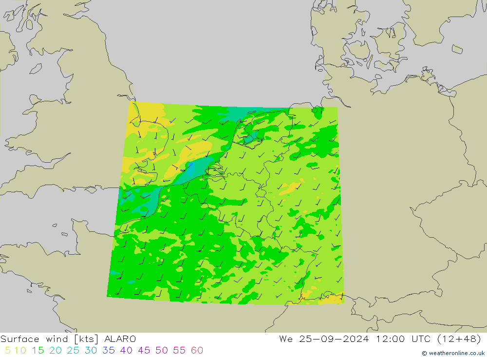 Surface wind ALARO We 25.09.2024 12 UTC