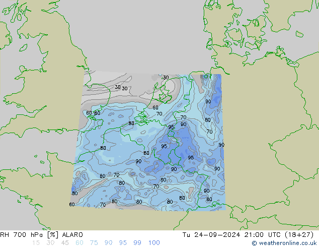 RH 700 hPa ALARO wto. 24.09.2024 21 UTC