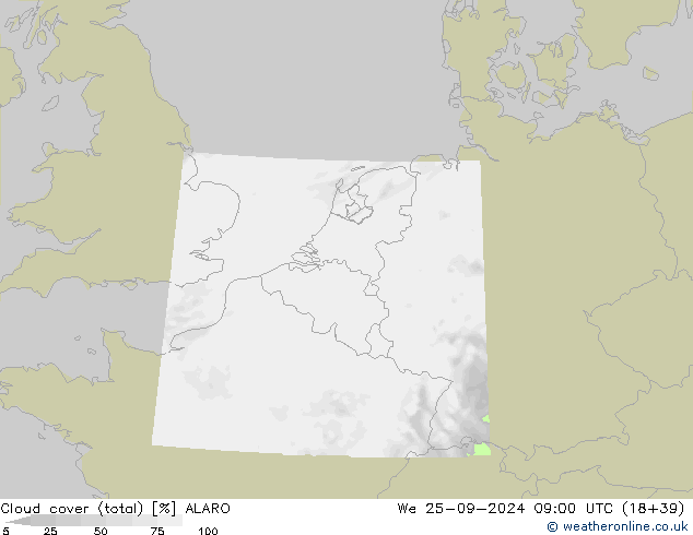 Cloud cover (total) ALARO St 25.09.2024 09 UTC