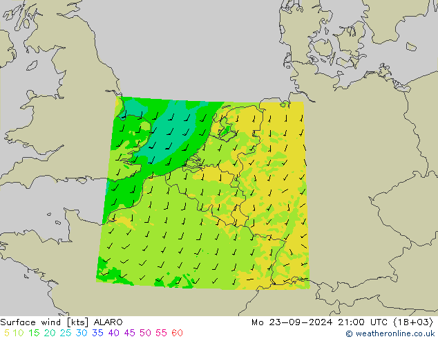 Surface wind ALARO Mo 23.09.2024 21 UTC