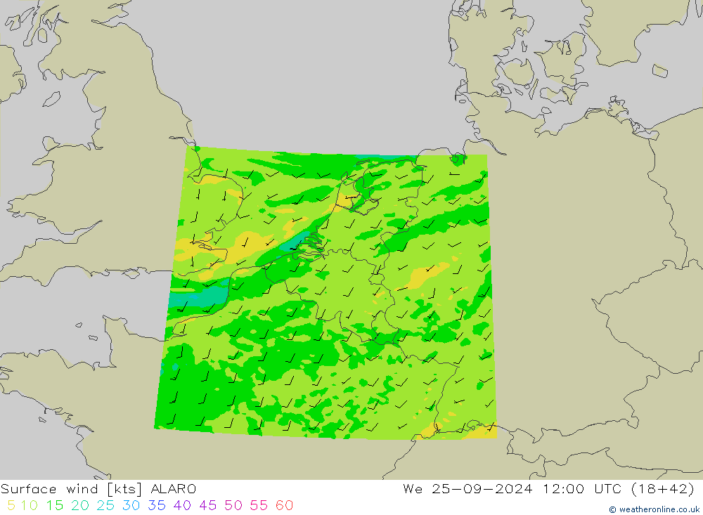 Vento 10 m ALARO mer 25.09.2024 12 UTC