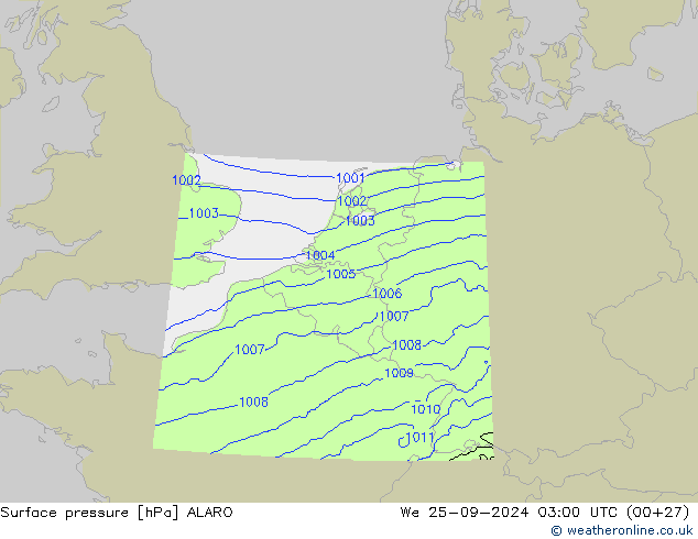 Pressione al suolo ALARO mer 25.09.2024 03 UTC