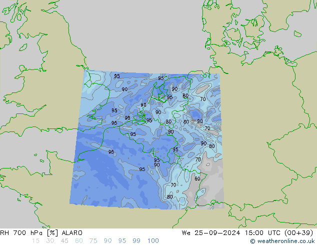 RH 700 гПа ALARO ср 25.09.2024 15 UTC