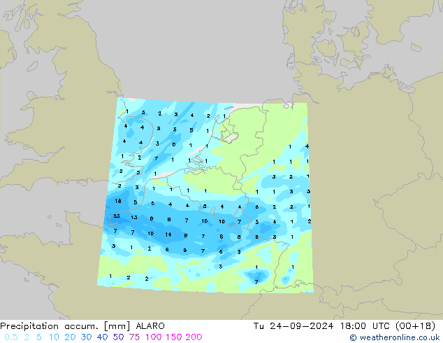 Precipitation accum. ALARO wto. 24.09.2024 18 UTC