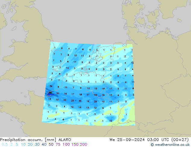 Precipitation accum. ALARO We 25.09.2024 03 UTC