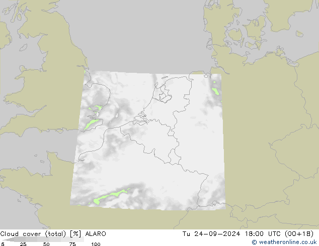 Cloud cover (total) ALARO Tu 24.09.2024 18 UTC