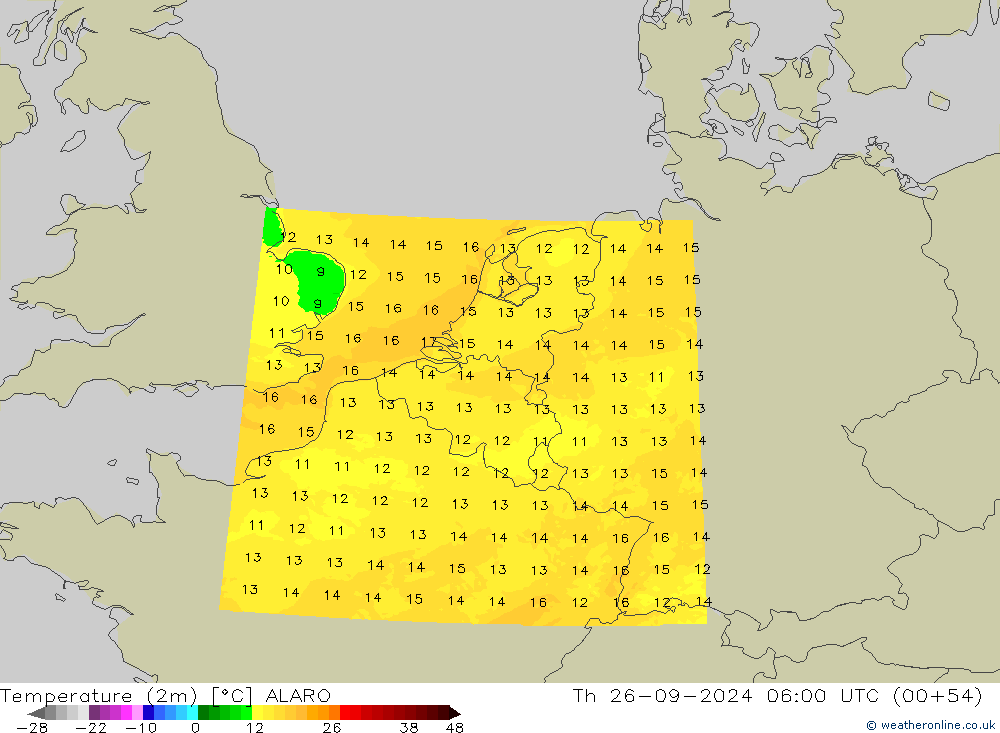 Temperatura (2m) ALARO jue 26.09.2024 06 UTC