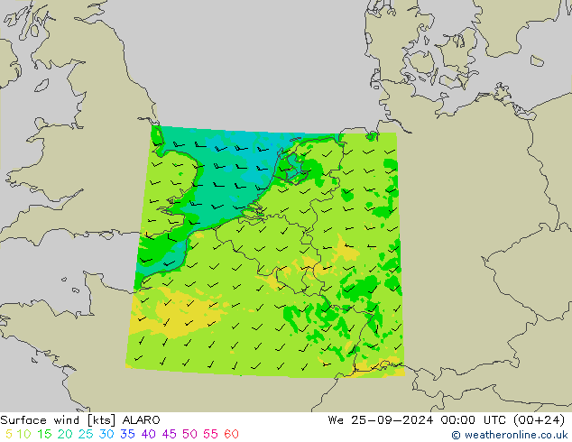 wiatr 10 m ALARO śro. 25.09.2024 00 UTC