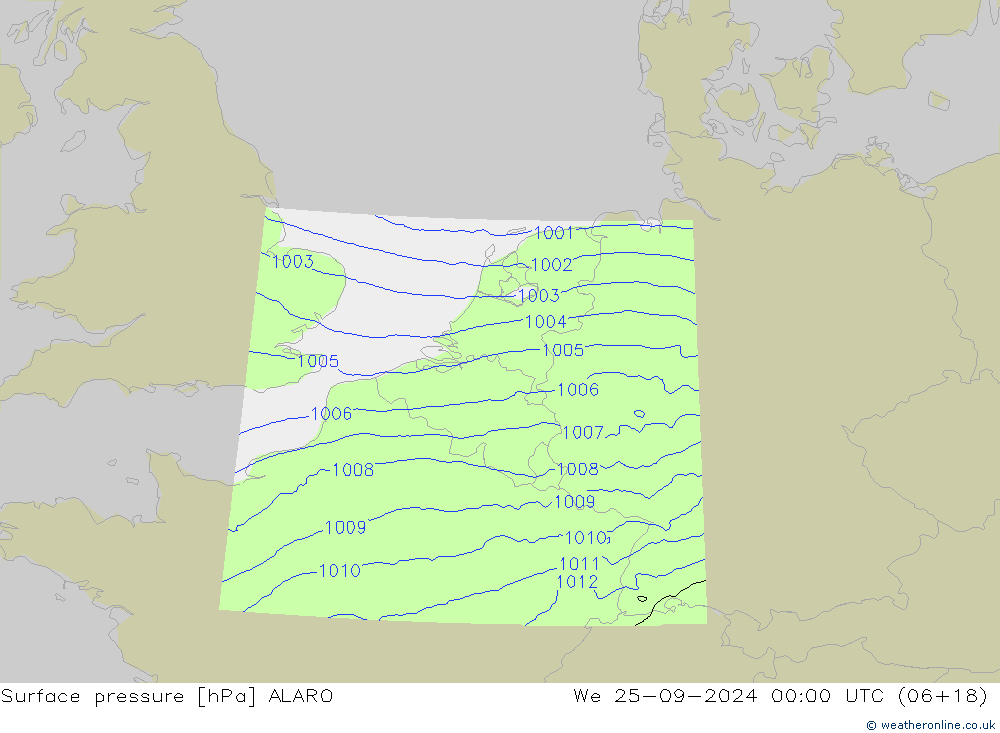 Pressione al suolo ALARO mer 25.09.2024 00 UTC