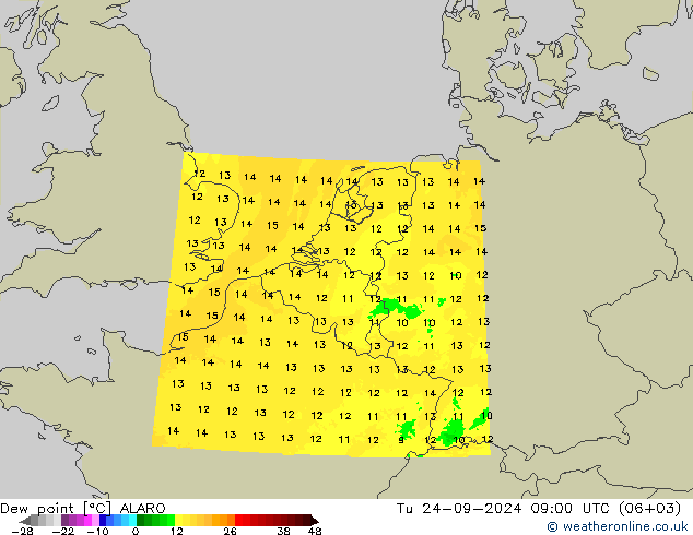 Dew point ALARO Tu 24.09.2024 09 UTC