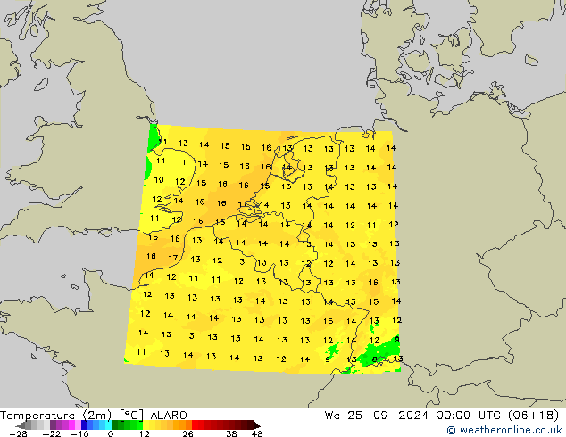 Temperatura (2m) ALARO mer 25.09.2024 00 UTC