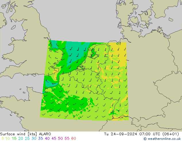 Surface wind ALARO Tu 24.09.2024 07 UTC