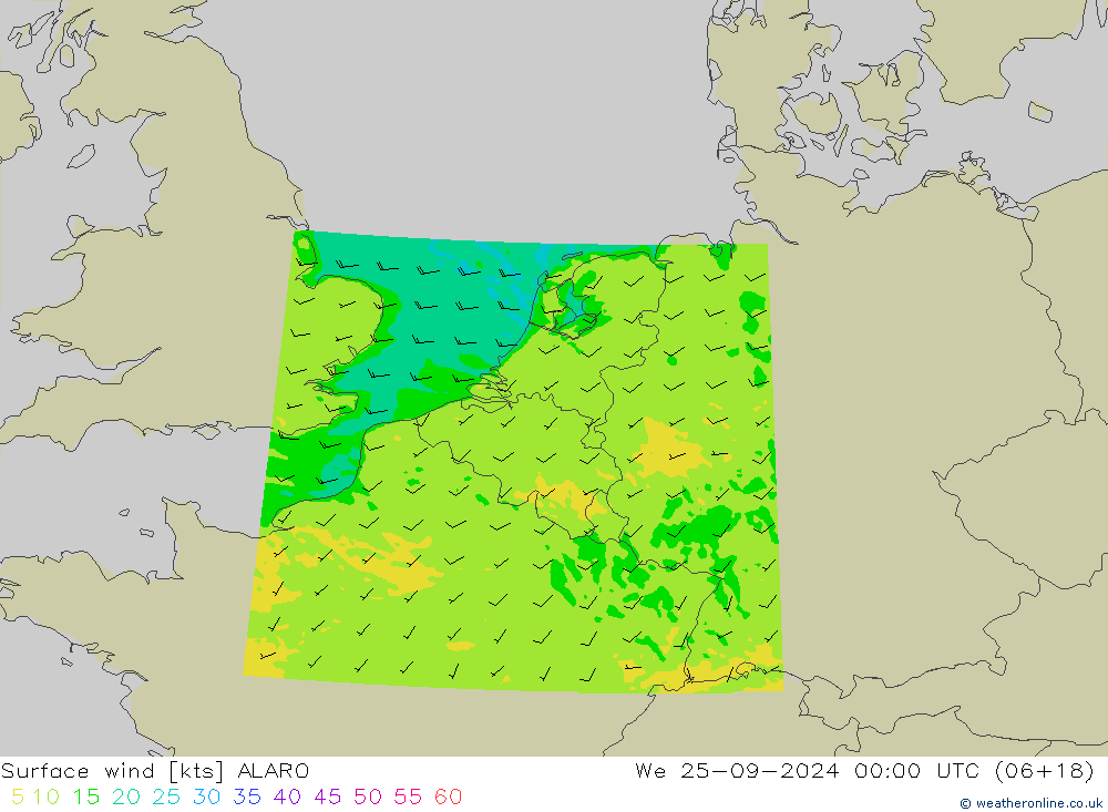 Surface wind ALARO St 25.09.2024 00 UTC