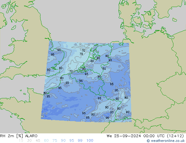 Humidité rel. 2m ALARO mer 25.09.2024 00 UTC