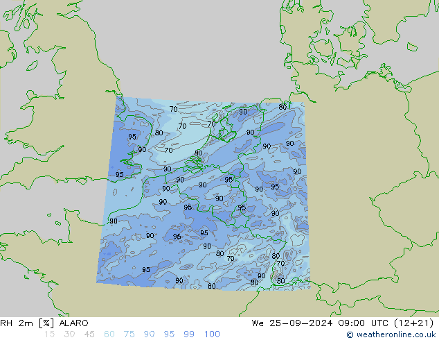 RH 2m ALARO śro. 25.09.2024 09 UTC