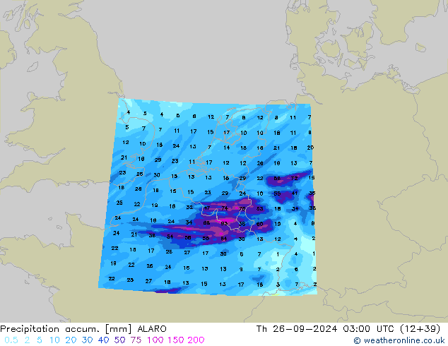 Precipitation accum. ALARO czw. 26.09.2024 03 UTC