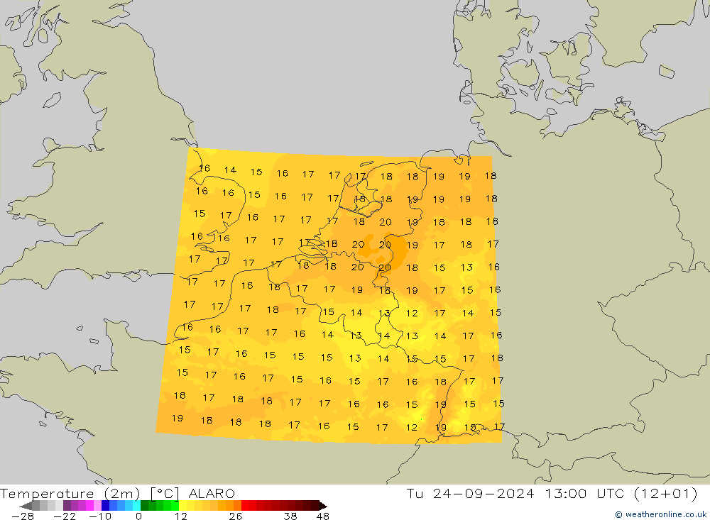 Temperatuurkaart (2m) ALARO di 24.09.2024 13 UTC