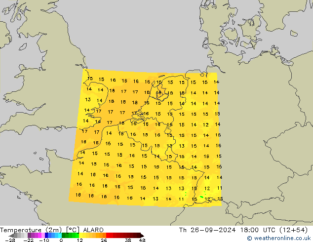 mapa temperatury (2m) ALARO czw. 26.09.2024 18 UTC