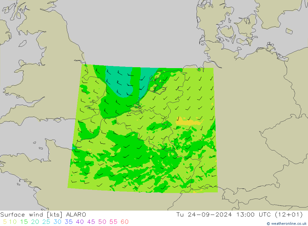 Surface wind ALARO Tu 24.09.2024 13 UTC