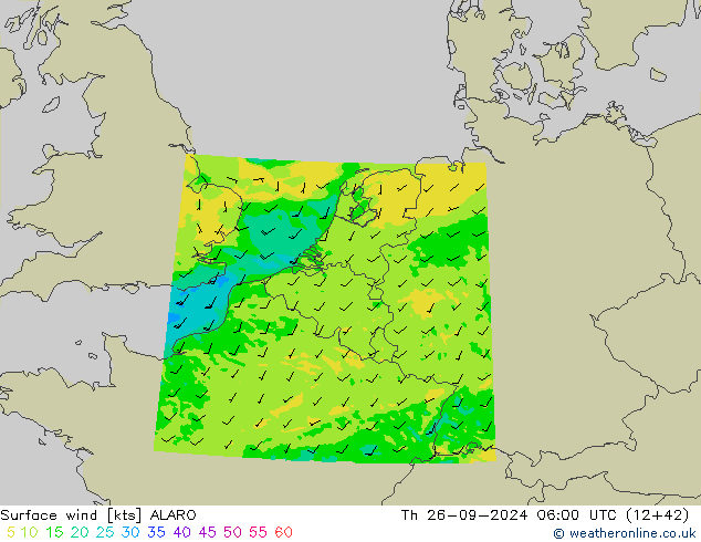 Surface wind ALARO Čt 26.09.2024 06 UTC