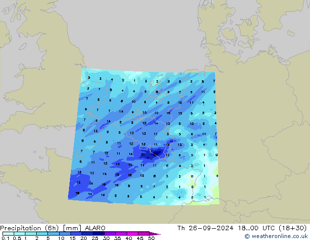 Precipitation (6h) ALARO Čt 26.09.2024 00 UTC