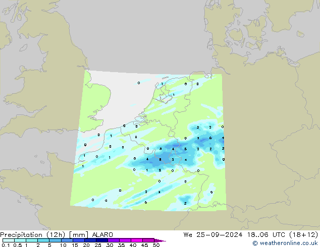 Precipitazione (12h) ALARO mer 25.09.2024 06 UTC