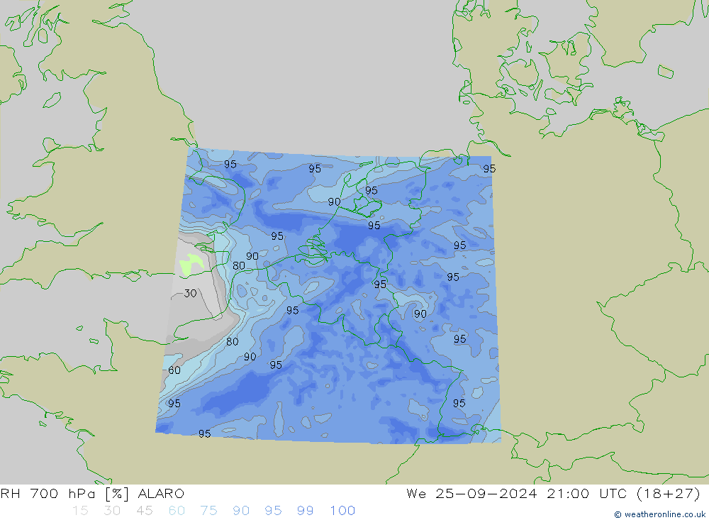 RH 700 hPa ALARO Mi 25.09.2024 21 UTC