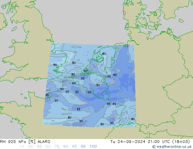 RH 925 hPa ALARO mar 24.09.2024 21 UTC