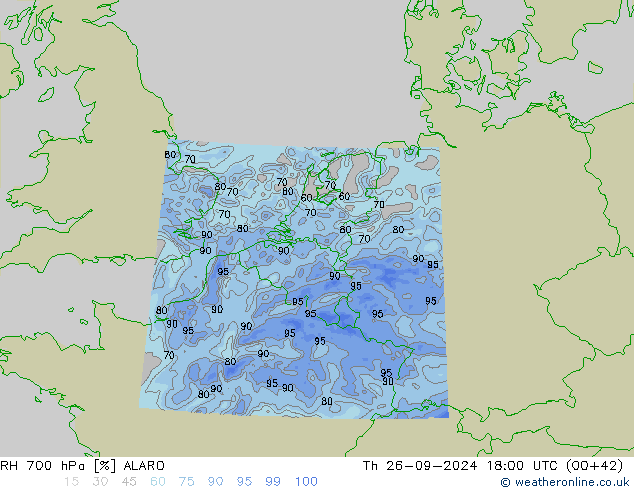 RH 700 гПа ALARO чт 26.09.2024 18 UTC