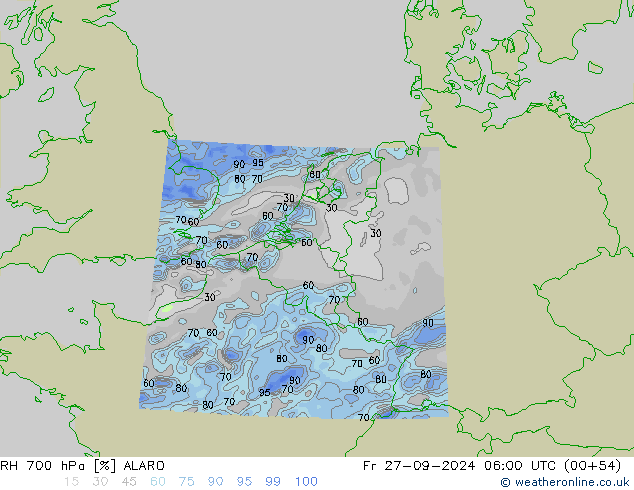 RH 700 гПа ALARO пт 27.09.2024 06 UTC