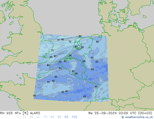 RH 925 hPa ALARO mer 25.09.2024 03 UTC