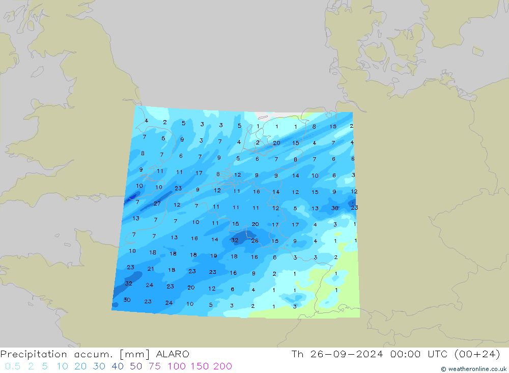 Precipitation accum. ALARO чт 26.09.2024 00 UTC